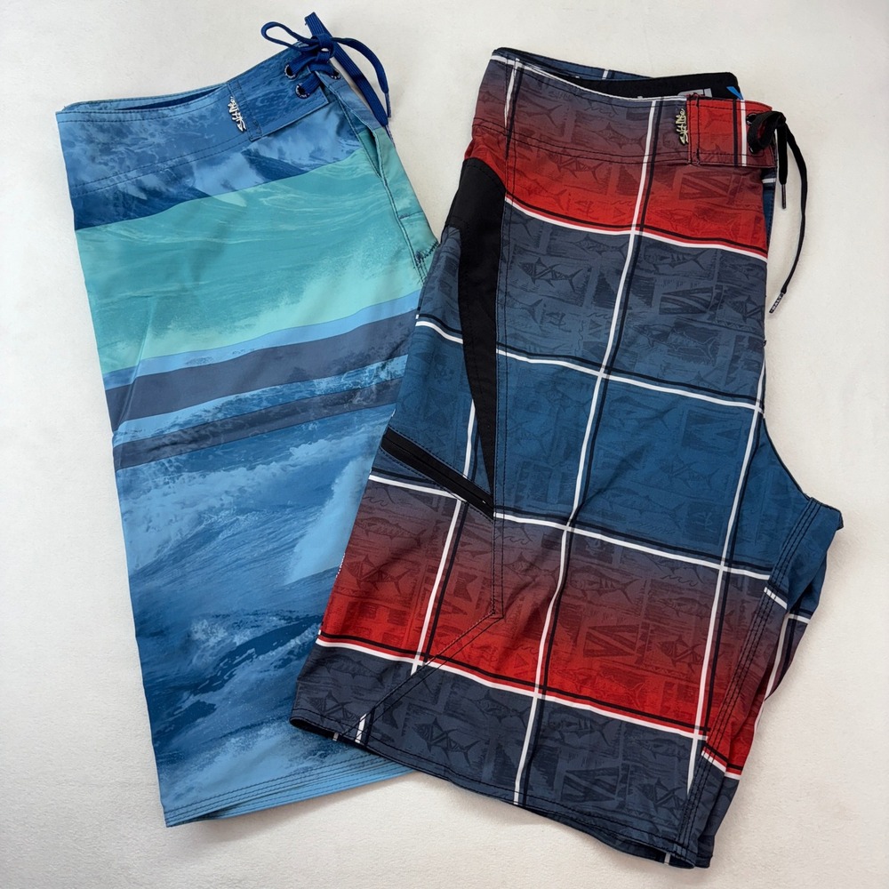 Salt‎ Life Mens Board Shorts Bundle Blue Wave Plaid Beach Size 36 Lot of 2 Boat